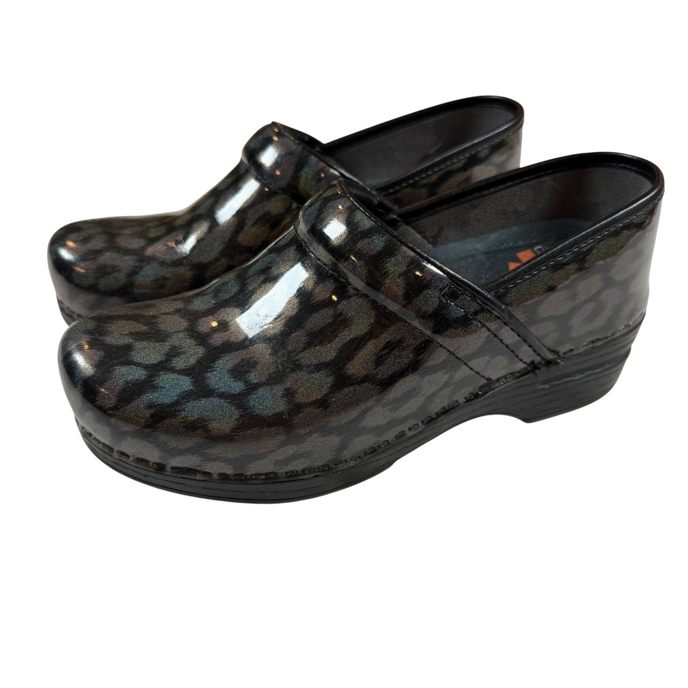Dansko XP Professional Clogs Iridescent Leopard Patent Leather Black Grey 38